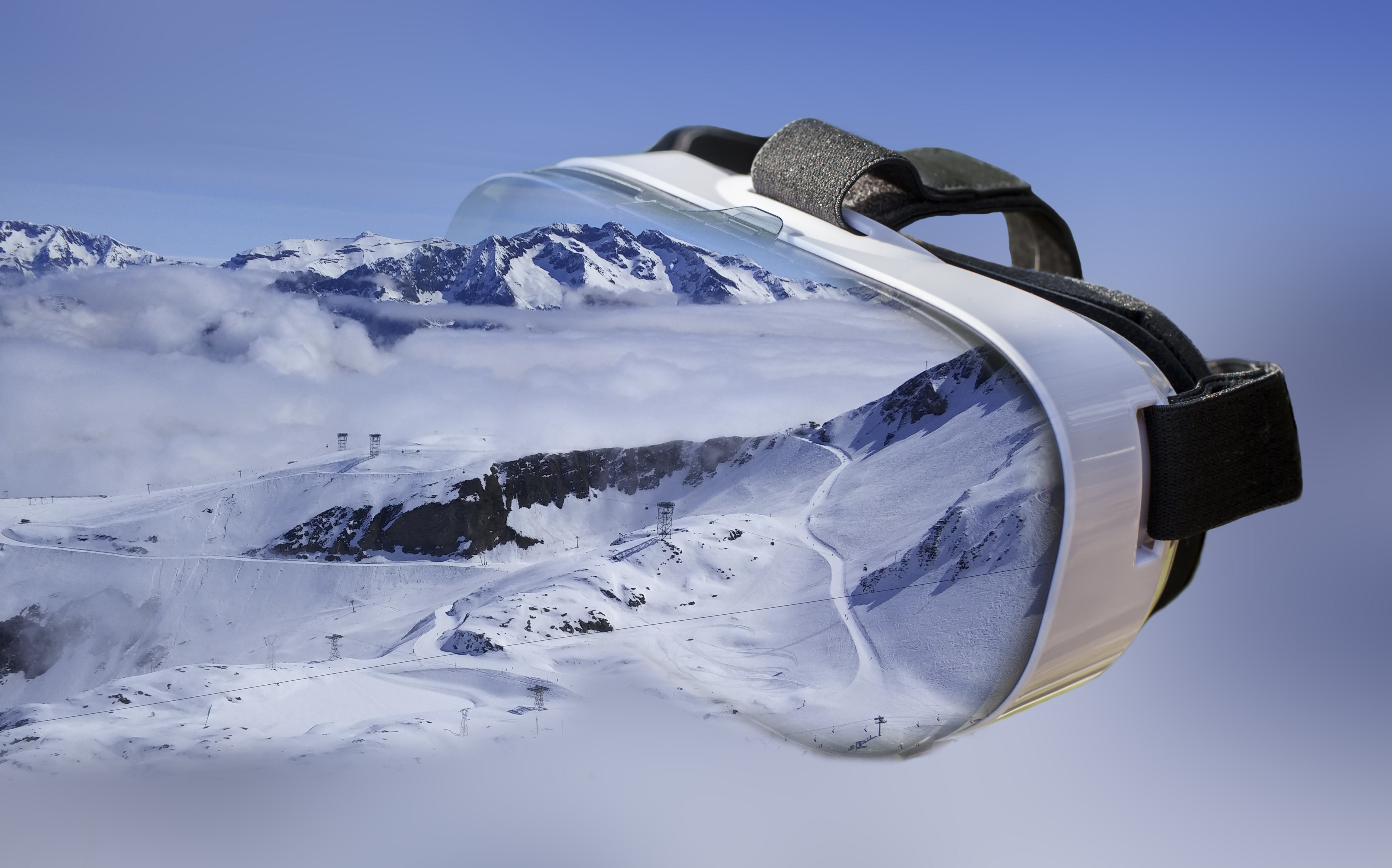 Double exposure 2F Ski centre, Les Deux Alpes, entering VR headset
